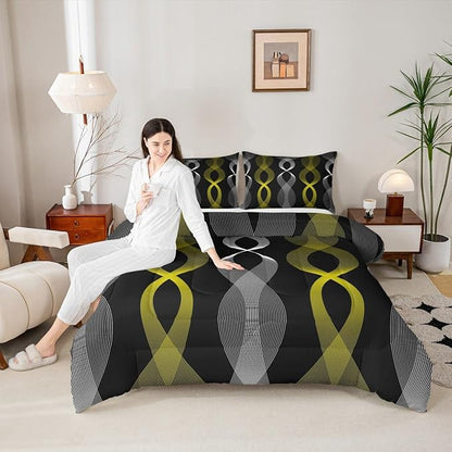 Erosebridal Black and Yellow Striped Queen Comforter Set, Modern Boho Abstract Stripes Bedding Set for Women Men Bedroom, Contemporary Geometric Lines Comforter, Gradient Aesthetic Stripe Quilt
