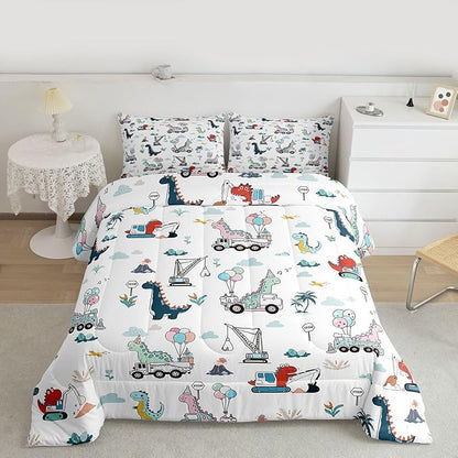 Cartoon Dino Excavator Comforter Set Twin Size, Cartoon Car Dinosaur Construction Comforter Set Kids toddler Construction Vehicles Comforter Construction Site Cars Duvet Set Microfiber Quilt Set
