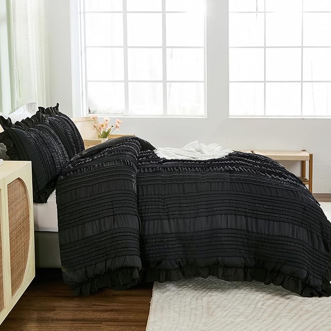 WONGS BEDDING Black Comforter Set King,3 Pieces Ruffle Farmhouse Shabby Chic Boho Comforter for King Bed,Soft Textured Bedding Set with 1 Ruffle Comforter,2 Tufted Pillowcases 104"×90"