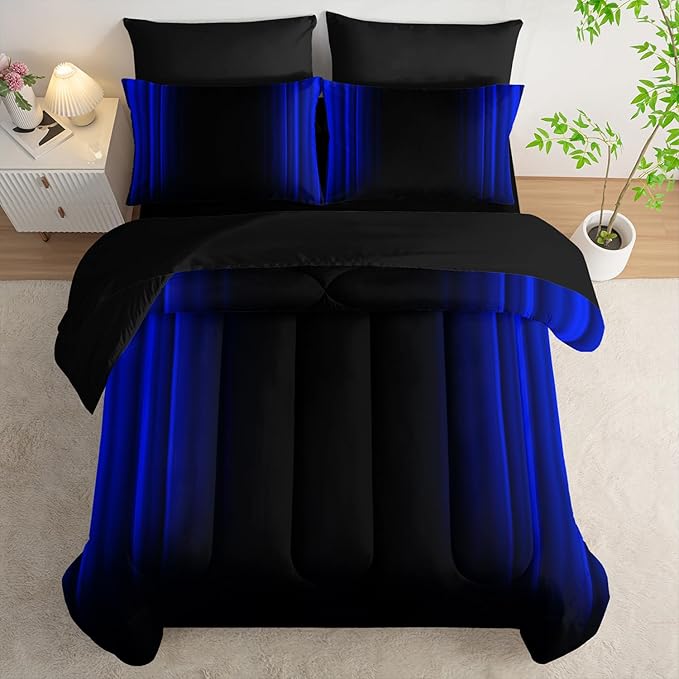 Blue and Black Bedding Set Queen Size Abstract Ombre Comforter Set Bedding Set 7 Piece in A Bag,Dark Quilt Set Mordern Art Decor All Seasons with Pillowcases,Flat, Fitted Sheet
