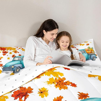 Pumpkin Truck Bedding Set Fall Thanksgiving Harvest Seasonal Comforter Set Twin Autumn Maple Leaf Bed Comforter Set Farmhouse Home Room Decor Watercolor Quilt Duvet Orange White 1 Pillow Case