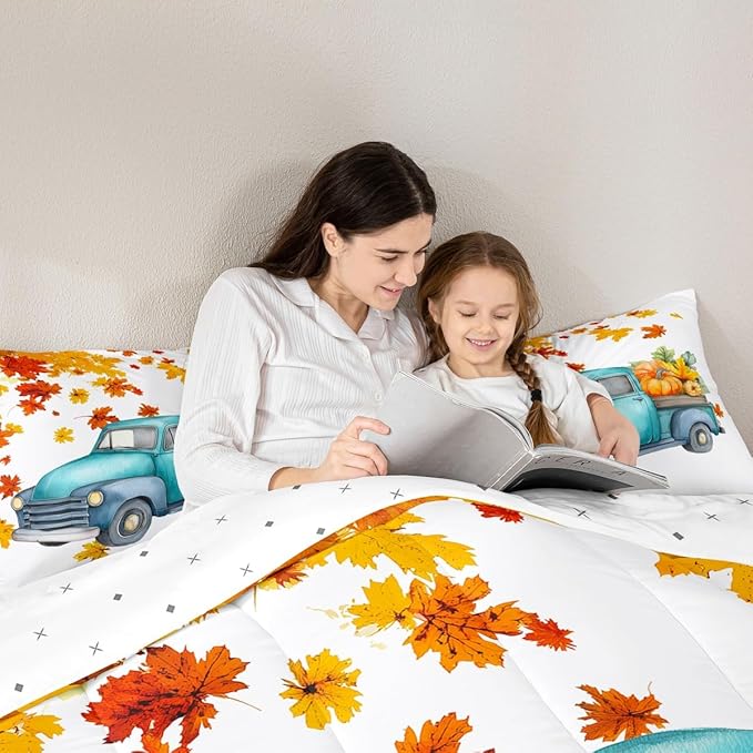 Pumpkin Truck Bedding Set Fall Thanksgiving Harvest Seasonal Comforter Set Queen Autumn Maple Leaf Bed Comforter Set Farmhouse Home Room Decor Watercolor Quilt Duvet Orange White 2 Pillow Cases