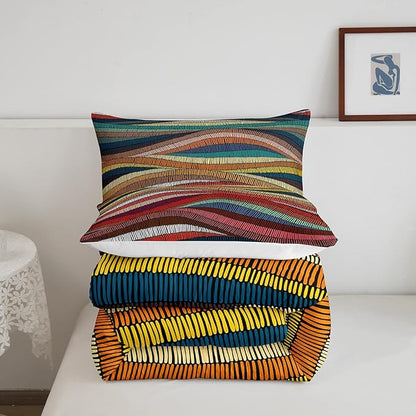 Erosebridal Boho Comforter Set King Bohemian Wavy Bedding Rainbow Embroidered Waves Bedding Comforter Sets Tribal Ethnic Colorful Lightweight Duvet Insert