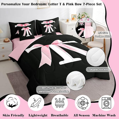 jejeloiu Kawaii Pink Bow Full Comforter Set with Sheets,Gifts for Women Teen Girl,Monogrammed 7 Piece Bedding Set,Soft Personalized Initial Letter T Bed in a Bag with Comforter,Sheets,Pillowcases