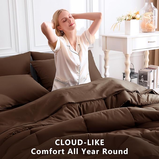 CozyLux King Size Comforter Set Brown, 7 Pieces Bed in a Bag, Brown Comforter King Size, All Season Bedding Sets with Stitch Quilted Comforter, Flat Sheet, Fitted Sheet, Pillowcases