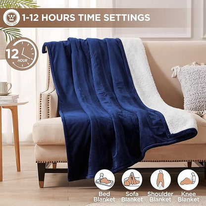 Westinghouse Electric Blanket Heated Throw | 6 Heating Levels & 4 Hours Auto Off | Flannel to Sherpa Reversible 50x60 | Machine Washable, Navy Blue
