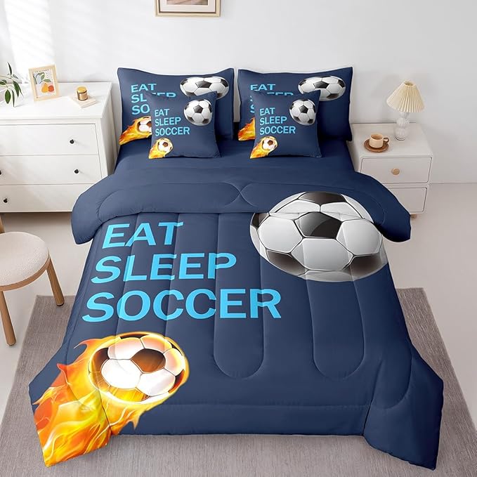Feelyou Soccer Ball Bed in a Bag Kids Football Bedding Set Boys Girls Soccer Ball Lover Comforter Set Twin Size 7 Pieces Sports Bed Set with Comforter, Sheet Set, Pillowcases, Pillow Covers