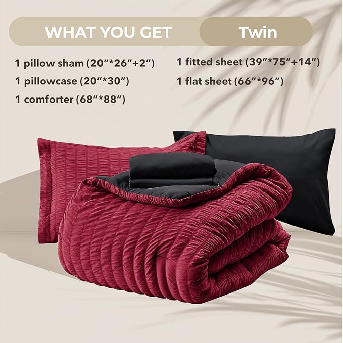 HYMOKEGE Red & Black Twin Comforter Set Seersucker 5 Pieces, All Season Luxury Bed in a Bag for Bedroom, Bedding Set with Comforters, Sheets, Pillowcase & Sham