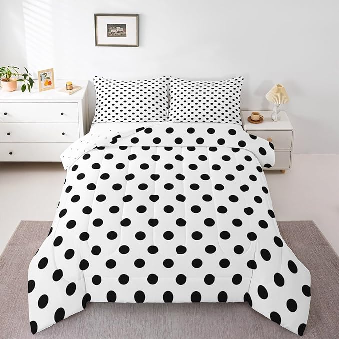 Manfei Black Polka Dots Comforter Set Toddler Size,French Style Dots Cartoon Cute Bedding Set 2 Pcs for Boys Girls,Geometric Circles Black White Simple Art Comforter,1 Pillowcase