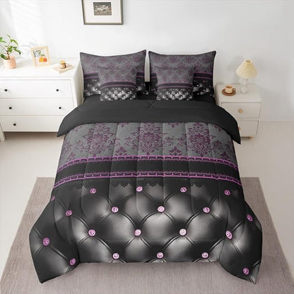 Purple Damask King Size Comforter Set with Sheets | Antique Decor Gothic Vintage Floral 7-Piece Bedding Set Luxury Black Diamond Texture Pattern Bohemian Bed in a Bag, Goth Victorian Bed Sets