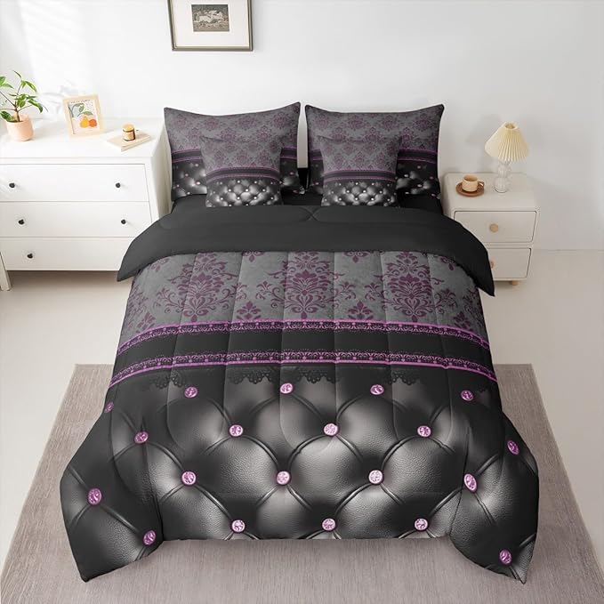 Purple Damask Full Size Bed Sheets and Comforter Set | Antique Decor Gothic Vintage Floral 7-Piece Bedding Set Luxury Black Diamond Texture Pattern Bohemian Bed in a Bag, Goth Victorian Bed Sets