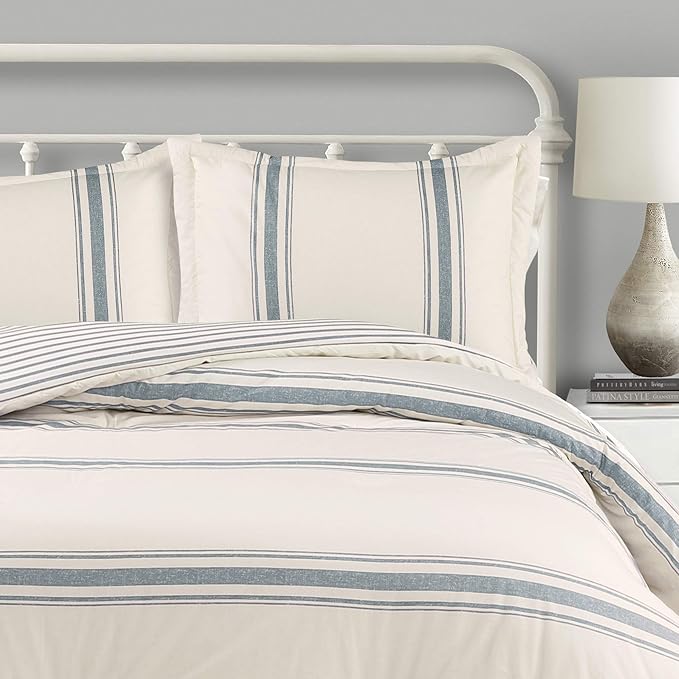 Lush Decor Farmhouse Stripe Reversible Cotton Comforter Set, 3 Piece Set, King, Blue - Cozy Farmhouse Bedding Set - Rustic Decor - Striped Comforter - Modern Farmhouse Bedroom Decor