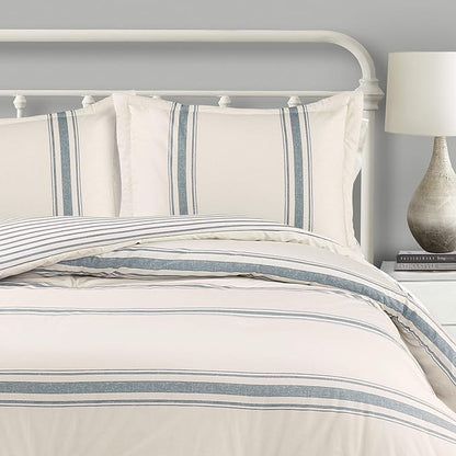 Lush Decor Farmhouse Stripe Reversible Cotton Comforter Set, 3 Piece Set, King, Blue - Cozy Farmhouse Bedding Set - Rustic Decor - Striped Comforter - Modern Farmhouse Bedroom Decor