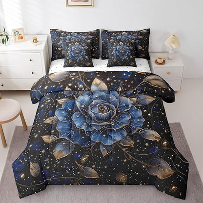Erosebridal Gold Blue Rose Comforter Set King 7 Piece,Romantic Rose Floral Bedding Set for Girls Women Bedroom Decor,Rustic Flowers Bed in a Bag with Fitted Sheet,Flat Sheet,Pillowcases & Shams