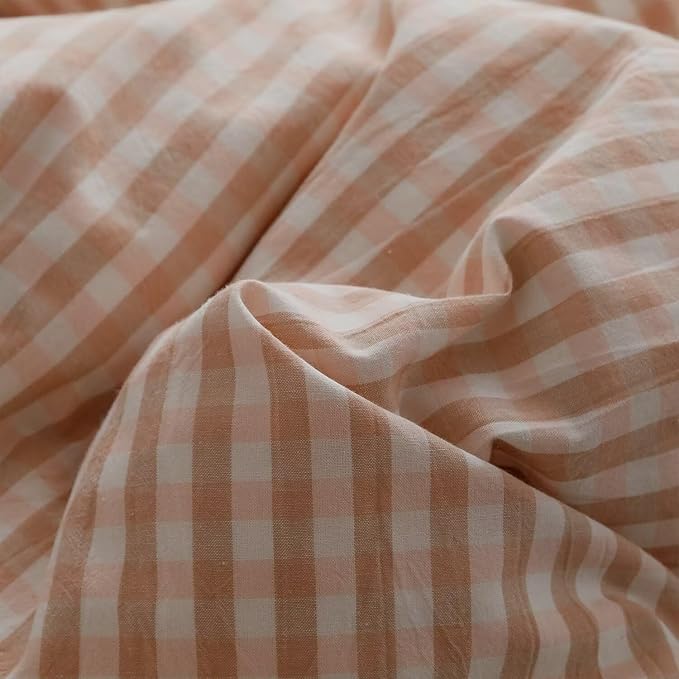 mixinni Vintage Pink Gingham Ruffle Comforter Set 3-Piece Washed Cotton King Size Grid Bedding Set with Geometric Checkered Pattern, Farmhouse Chic Soft Fluffy Comforter for All-Season