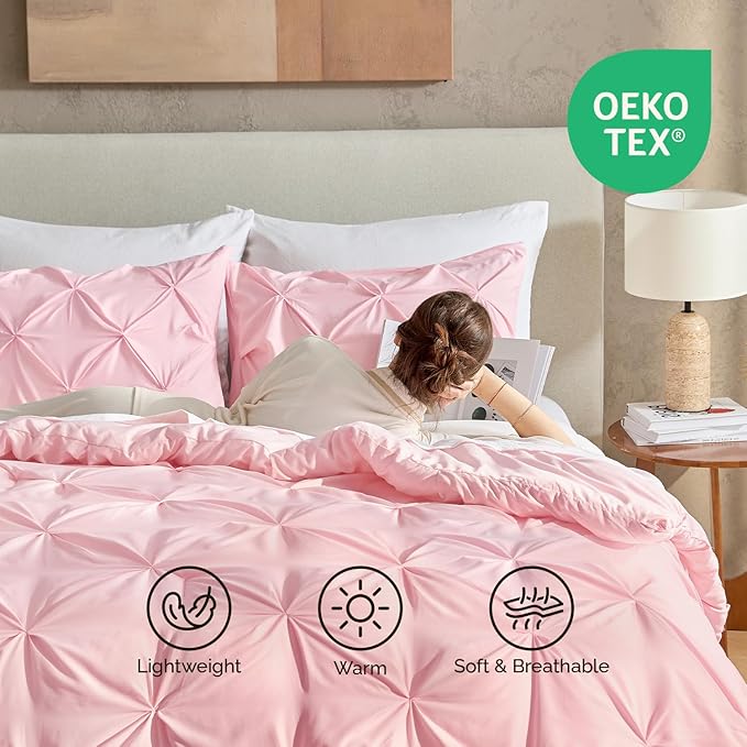Andency Pink Oversized King Comforter Set (120x98Inch), 3 Pieces Lightweight Pinch Pleat Cal King Bedding Comforters & Sets, Oversized Pintuck Soft Fluffy Down Alternative Bed Set for All Season