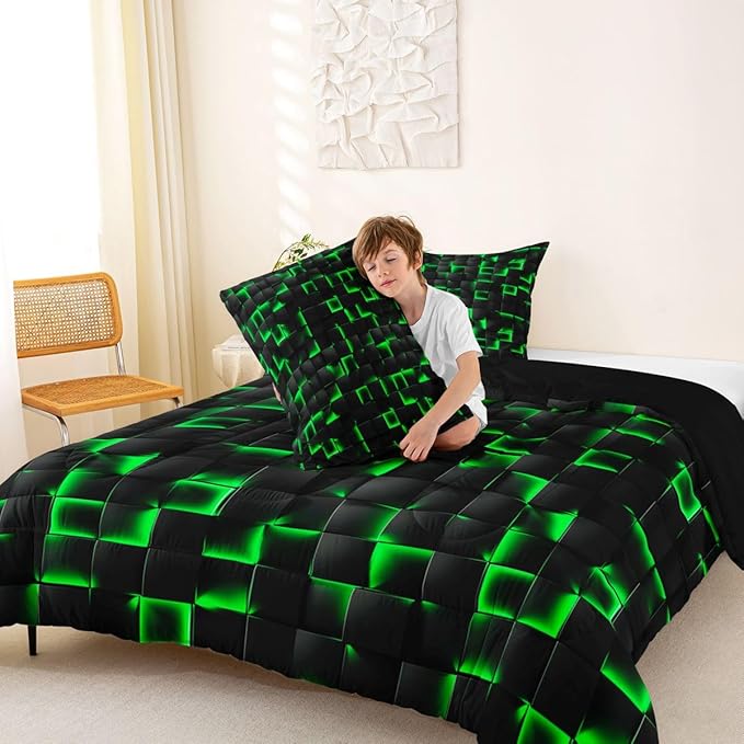 Erosebridal Neon Black Green Boys Comforter Set Full Size Geometric Checkered Bedding Set for Kids Teen Men Gaming Room Decor,Abstract Ombre Plaid Comforter Grids Quilt Duvet