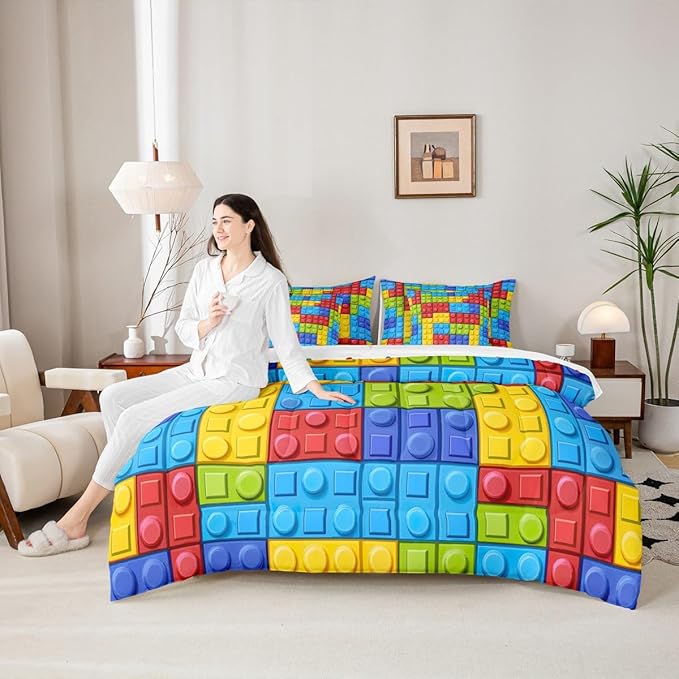 Feelyou Colorful Toy 7 Piece Bedding Set Teen Women Men Funny Building Blocks Decoration Comforter Set with Sheets King Size Kids Boys Colorful Geometric Brick Bed in a Bag Cute Games Room Decor