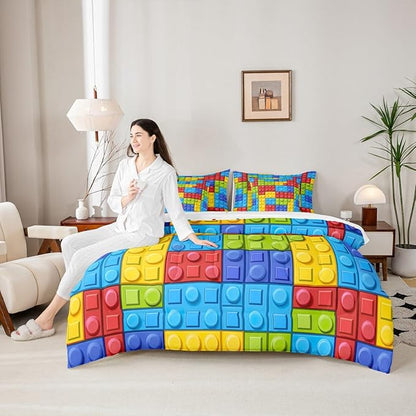 Feelyou Colorful Toy 7 Piece Bedding Set Teen Women Men Funny Building Blocks Decoration Comforter Set with Sheets King Size Kids Boys Colorful Geometric Brick Bed in a Bag Cute Games Room Decor