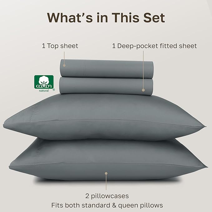 California Design Den 100% Egyptian Cotton Sheets - Queen Sheets Set, Certified Authentic Luxury, Soft Sateen, Deep Pockets, Breathable and Durable Luxury Bedding Set - Grey