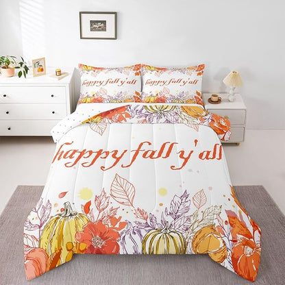 Watercolor Fall Pumpkin Comforter Set King,Happy Harvest Thanksgiving Theme Bedding Set For Kids Adults,Autumn Maple Leaf Botanical Comforterfall Rustic Farmhouse Bed Set 2 Pillow Cases Orange