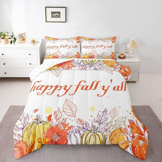 Watercolor Fall Pumpkin Comforter Set King,Happy Harvest Thanksgiving Theme Bedding Set For Kids Adults,Autumn Maple Leaf Botanical Comforterfall Rustic Farmhouse Bed Set 2 Pillow Cases Orange