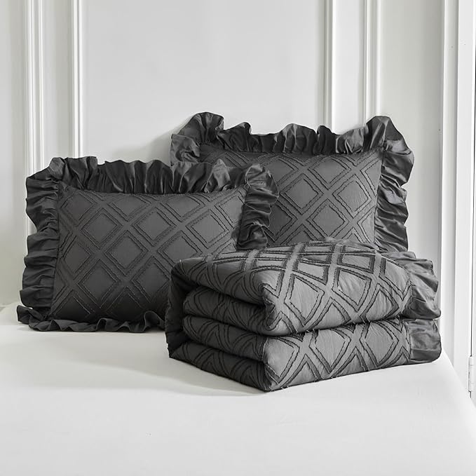 Flysheep Tufted Grids Ruffle Comforter Set Twin Size, 3 Pieces Dark Grey Vintage Farmhouse Shabby Chic Comforters, Jacquard Boho Bohemian Bedding Set for Kids (1 Ruffled Comforter+ 2 Pillow Shams)