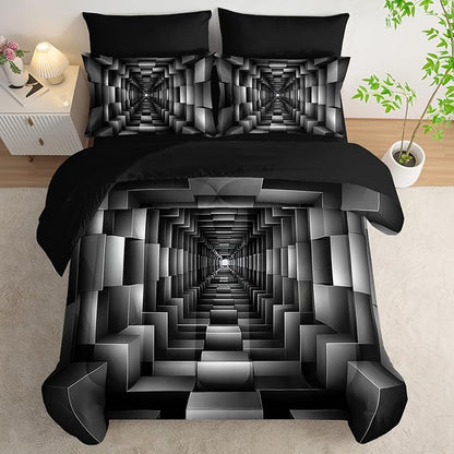7 Piece Black and White Checkered Comforter Set King，Geometric Bedding Set Boys，Geometric Bedroom Decor，(1 Comforter, 1 Flat Sheet, 1 Fitted Sheet, 2 Pillowcase and 2 Pillow Sham)