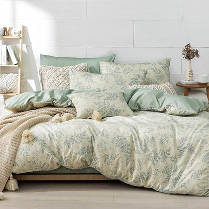 Botanical Cotton Comforter Queen Size - Dusty Green Comforter Printed with Luxrious Greyish-Green Ferns on Beige,Reversible Lightweight Bedding Sets 3Pcs(90"×90")