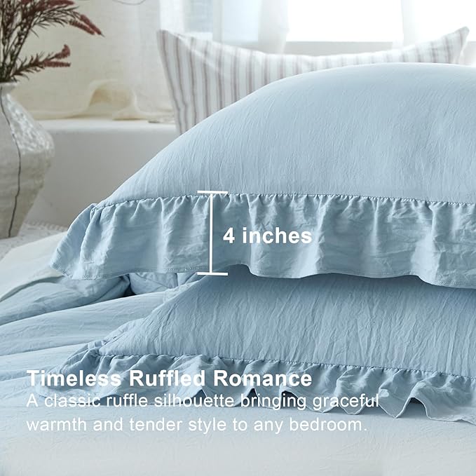 Blue Ruffle Comforter Set Twin, Pre-Washed Shabby Chic Bedding Set, Lightweight Cottagecore Soft Romantic Cozy 1 Comforter & 1 Sham, All-Season