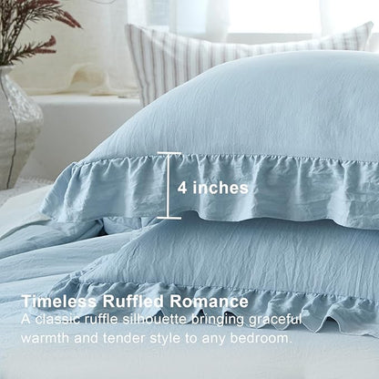 Blue Ruffle Comforter Set King, Pre-Washed Shabby Chic Bedding Set, Lightweight Cottagecore Soft Romantic Cozy 1 Comforter & 2 Shams, All-Season