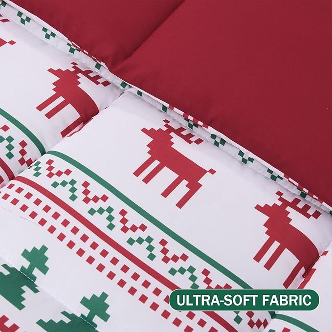 downluxe Christmas Comforter Set Queen with 2 Pillow Shams - Christmas Decoration Comforter Set with Reindeer and Snowflake Patterns - Bed Comforter Queen Set(3-Piece Set)