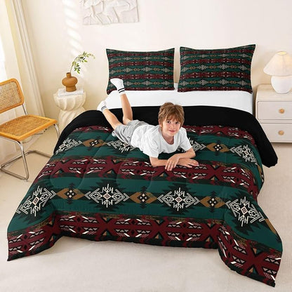 Erosebridal Western Decor,Vintage Exotic Indian Geometric Bedding Set Boho Comforter King,Ethnic Tribal Arrow Quilt Aztec Duvet Insert,Western Home Decor Rustic Farmhouse Bedroom Green,Multi 20
