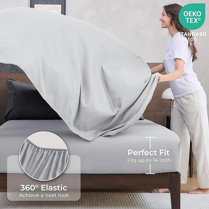 HEVUMYI Cali-King Comforter Set - 7-Piece All Season Bed in a Bag Cali-King, Ultra Soft Bedding Set with Comforter, Flat Sheet, Fitted Sheet, Pillowcases, Pillow Shams, Dark Grey & Light Grey