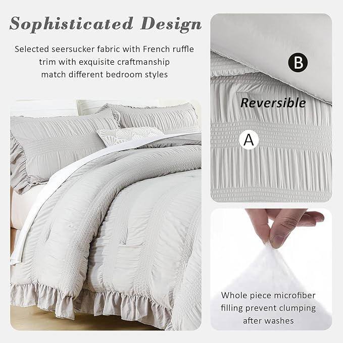 Gray Twin Comforter Set, Seersucker Vintage Comforter Ultra-Soft Light Grey Bedding Set Twin/Twin XL Size 3 Piece Set, Down Alternative Light Weight Comforter Set (Grey,Twin 68"x90")