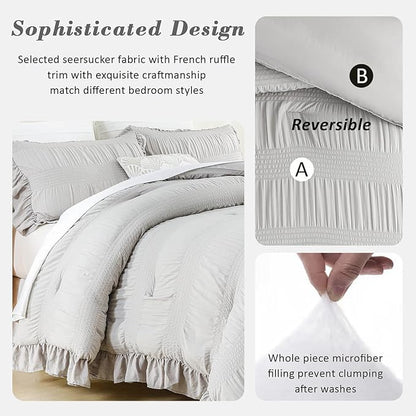 Gray Twin Comforter Set, Seersucker Vintage Comforter Ultra-Soft Light Grey Bedding Set Twin/Twin XL Size 3 Piece Set, Down Alternative Light Weight Comforter Set (Grey,Twin 68"x90")
