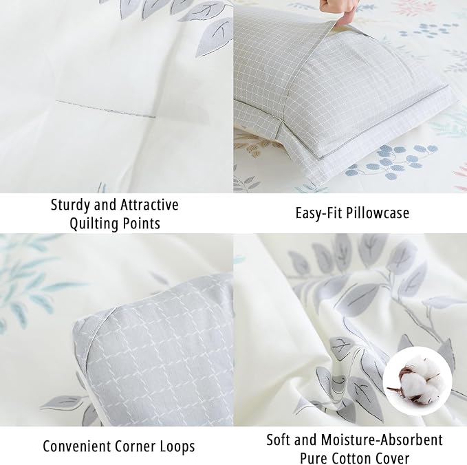 White Cotton Comforter King Size 3Pcs - Blue, Beige and Blush Botanicals Pattern on White, Gray Grid Back, Reversible Lightweight Bedding Sets with Soft Fill(King, 104"×90")