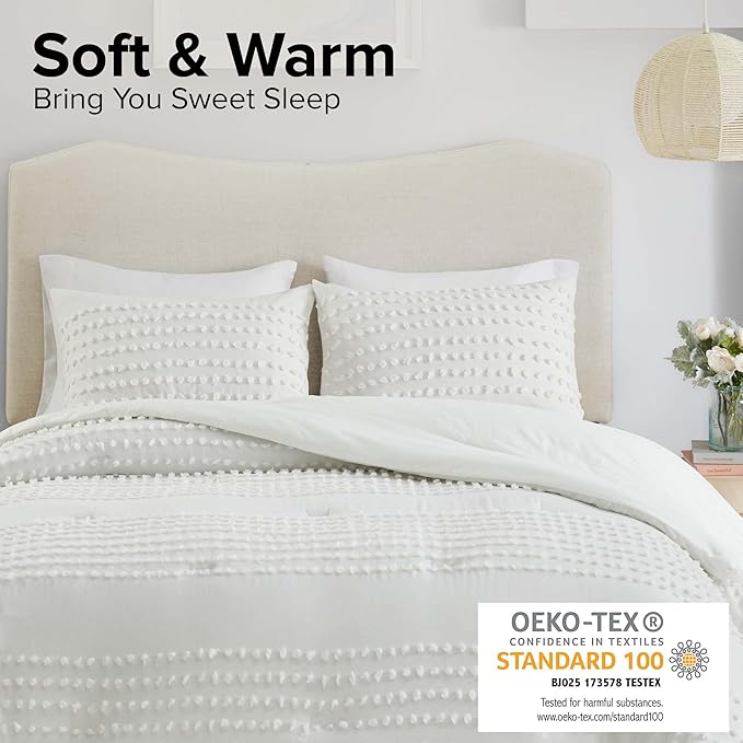 Comfort Spaces Cotton Comforter Set Jacquard Pom-Pom Tufts Design, Down Alternative, All Season Modern Bedding, Matching Shams, Twin/Twin XL, Phillips, Ivory