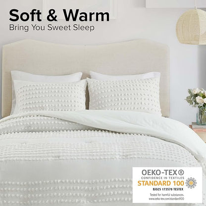 Comfort Spaces Cotton Comforter Set Jacquard Pom-Pom Tufts Design, Down Alternative, All Season Modern Bedding, Matching Shams, Twin/Twin XL, Phillips, Ivory