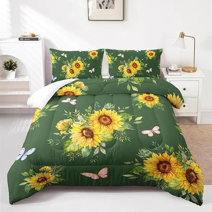 3 Piece Green Sunflower Comforter Sets Twin Size, Farmhouse Floral Bedding Set for Girls Boys Adults,3 Piece Bed in A Bag, Ultra Soft Microfiber All Season Yellow Flower Bedding Set