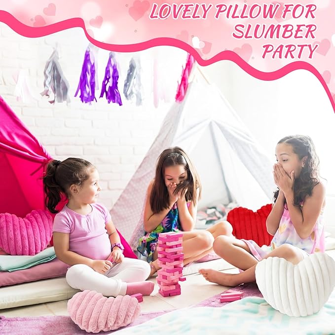 4 Pcs Heart Shaped Throw Pillows Set, 17/15/13 Inch Large Faux Fur Striped Cushions Pink Red White Heart Pillows for Couch, Bedroom, Living Room Wedding Decor