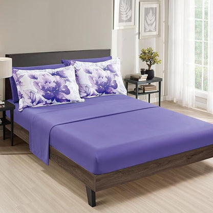 Sunshine Nicole Soft Brushed Microfiber Comforter Set, 7 Pieces King, with Light Weight Soft Poly Fill, Printed Dark Purple Big Florals Face with Print Reverse