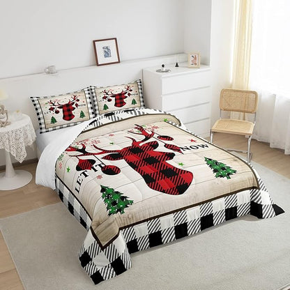 Christmas Plaid Comforter Set Twin Size,Red Black Reindeer Bedding for Kids Teens Adults Home Room Decor,Rustic Farmhouse Style Quilted Duvet Vintage Snowflake Pine Bedspread,1 Pillowcase
