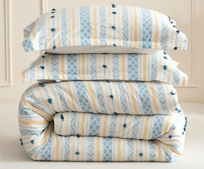 SLEEPBELLA Washed Double Layer Muslin 100% Cotton Comforter Set Queen Size, Yellow Blue Boho Fluffy Thick Checked Bedding Set, Soft Breathable (1 Comforter, 2 Pillow Shams)