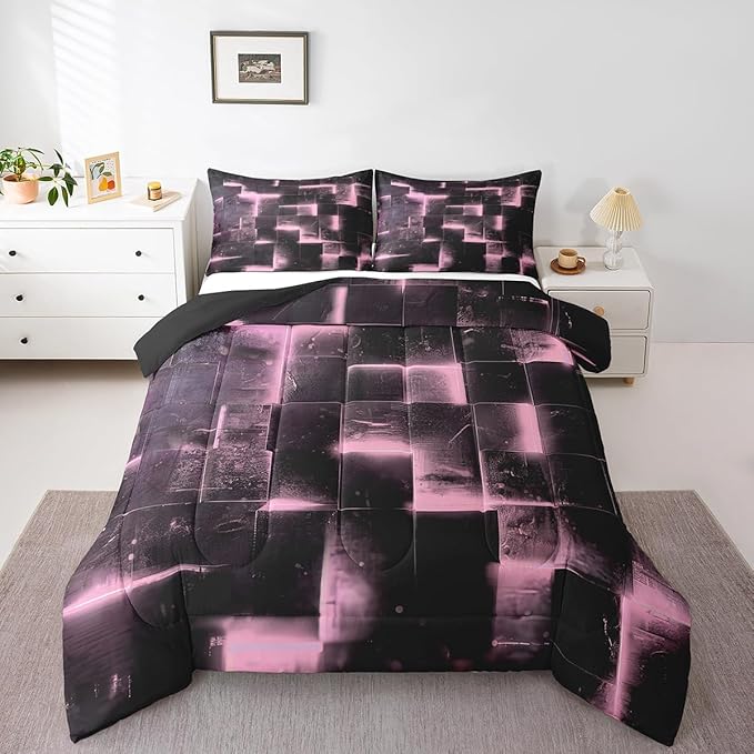 Pink and Black Bedding King 3D Glowing Buffalo King Comforter Set, Modern Abstract Art Bedding Comforter Sets Geometric Plaid Duvet Insert, Gradient Futuristic Cubes Down Comforter (Black Reversible)
