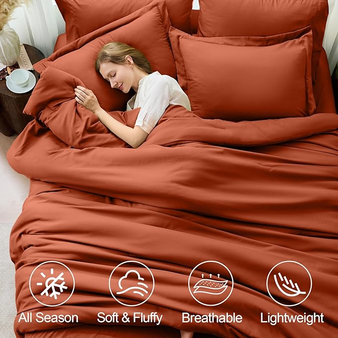 FUANNA Full Size Comforter Sets Burnt Orange, 7 Pieces Soft Bed in a Bag Full, All Season Lightweight Bed Sets with Comforter, Flat Sheet, Fitted Sheet, Pillowcases & Shams