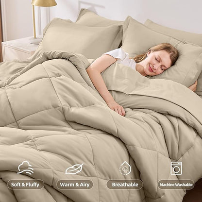 FUANNA 7 Pieces King Size Comforter Set, All Season Bed in a Bag King Size, Luxury Soft Bedding Sets with Comforter, Flat Sheet, Fitted Sheet, Pillowcases & Pillow Shams, Oatmeal