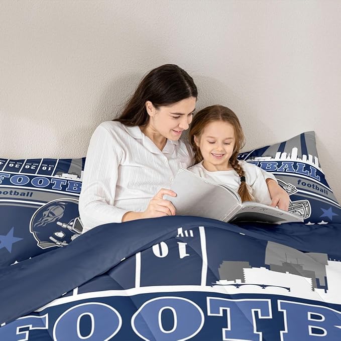 Feelyou Football Bedding Set Boys Girls Queen Size Rugby Sports Comforter Set Sports Themed Women Men Football City Duvet Quilt Gray Blue Bedroom Decor