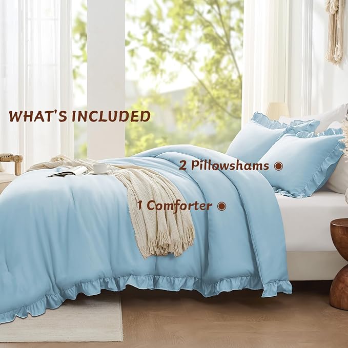 FUANNA Queen Comforter Set Light Blue, 3 Pieces Ruffle Queen Bed Set, Fluffy Bed in a Bag Queen for All Seasons, Shabby Chic Bedding Comforter Sets with 1 Lightweight Comforter & 2 Pillowshams