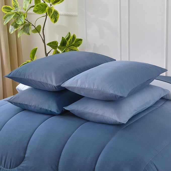 Anibedding King Size Comforter Set - 7 Pieces Soft Gradient Blue Bed in a Bag with Fitted Sheet, Flat Sheet, 2 Pillow Shams, and 2 Pillowcases - Warm Bed Set for All Season